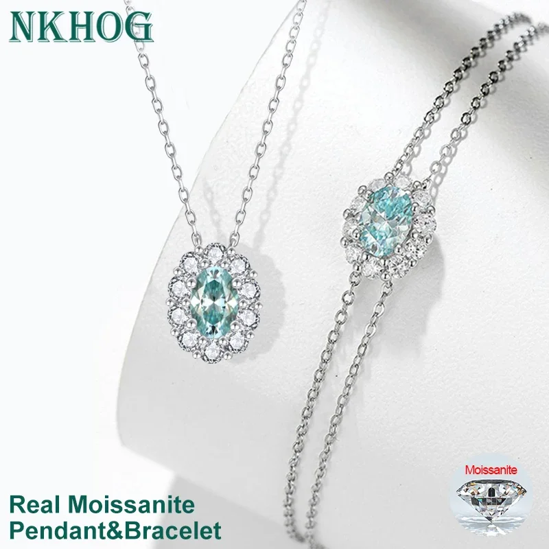 NKHOG 5*7mm Blue Moissanite Necklace Bracelets S925 Silver Paraiba Color Diamond Pendant Women Eagegement Gifts Jewelry Sets GRA