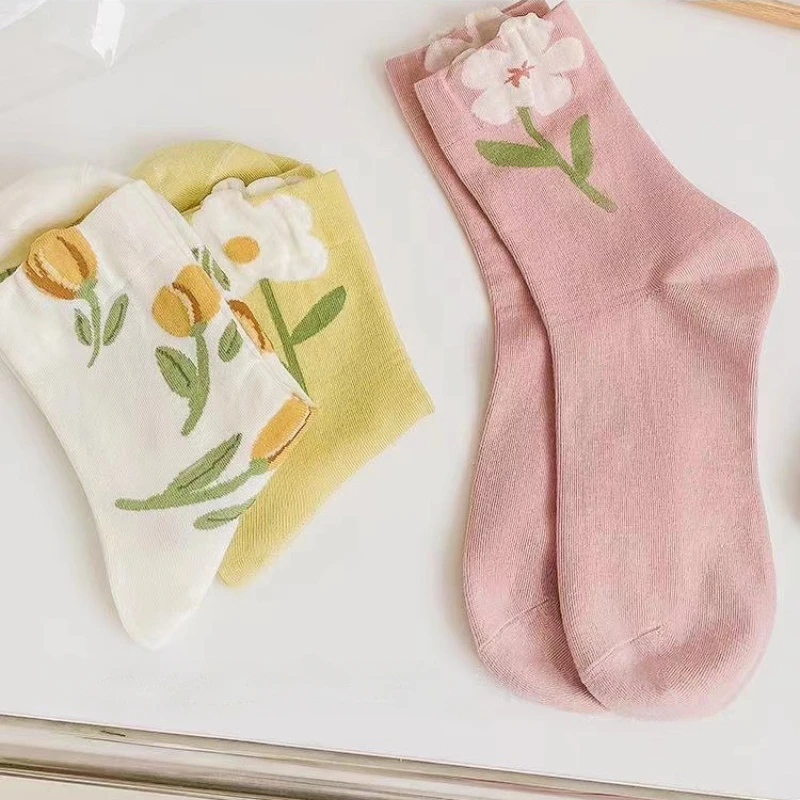 Calcetines bonitos florales para mujer, calcetines Harajuku con flores, calcetines informales transpirables para primavera y otoño para niña, vestido de verano a juego