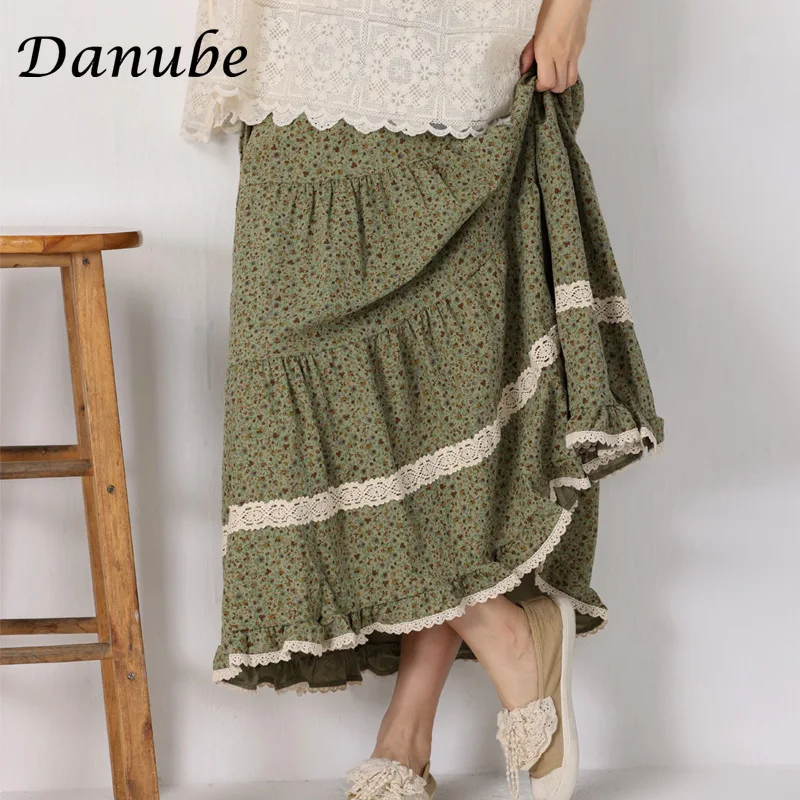 

Vintage Mori Girl Green Flower Cotton Long Skirts Women Spring Summer Elastic Waist A-Line Skirts Casual Loose faldas para mujer