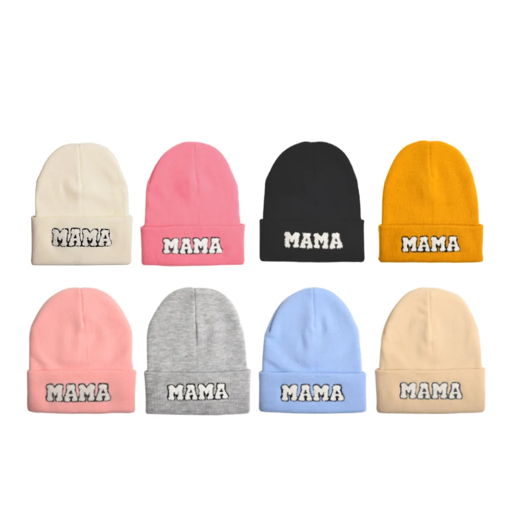 Autumn Winter Mama Mini Letter Wool Knitted Caps Casual Women Warm Solid Color Skullies Beanie Hat Outdoor Girl Boy Warm Ski Cap