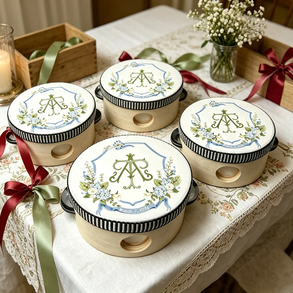 Personalized Print Your Crest and Monogram Wedding Tambourine Favor, Reception Decor Tambourines,Custom Last Name Date Keepsake