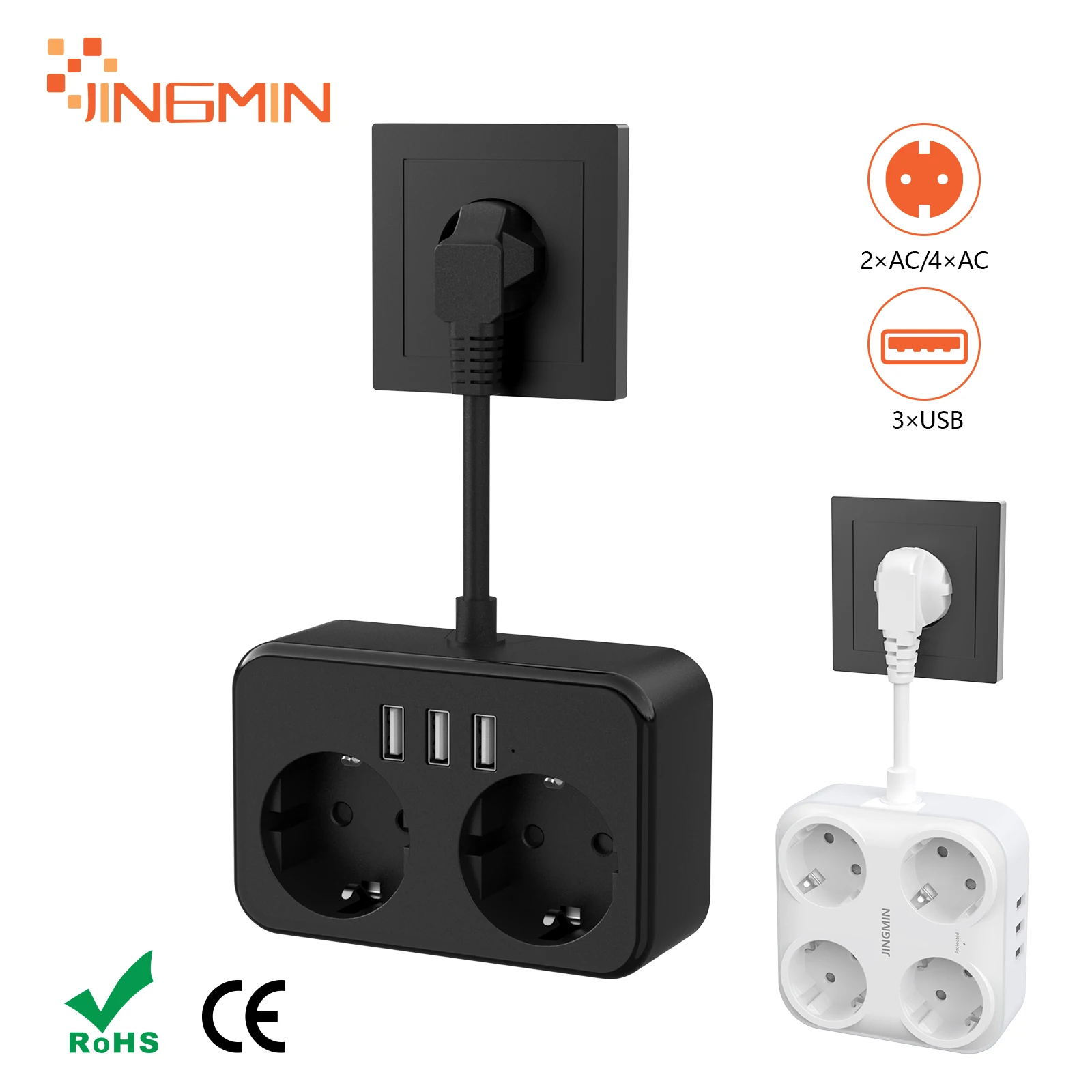 

3840W EU power socket with 2/4 AC outlets and 3 USB fast charging ports Wall plug Extension cord power adapter Domestic outlet