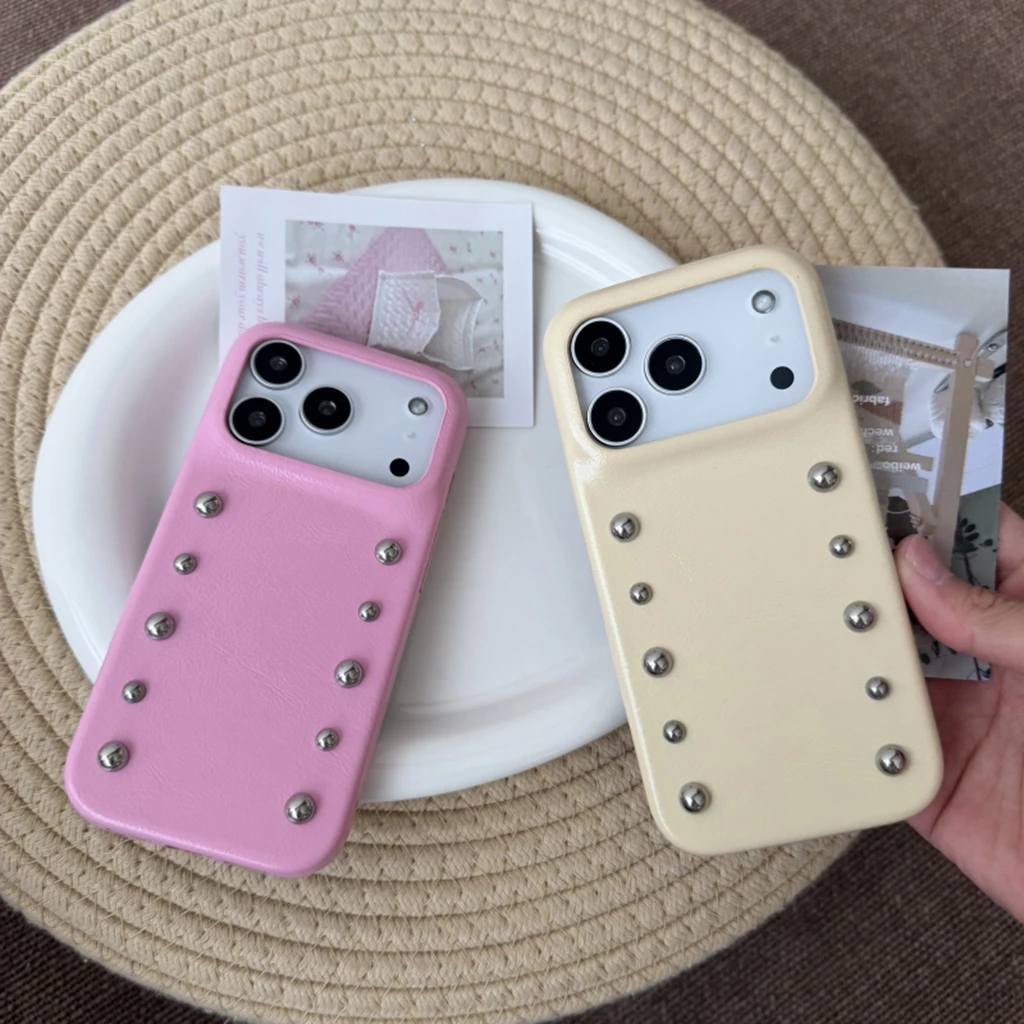 Élégant stéréoscopique rond perle Rivet couleur unie en cuir antichoc housse de protection pour iPhone 17 16 15 14 Pro Max