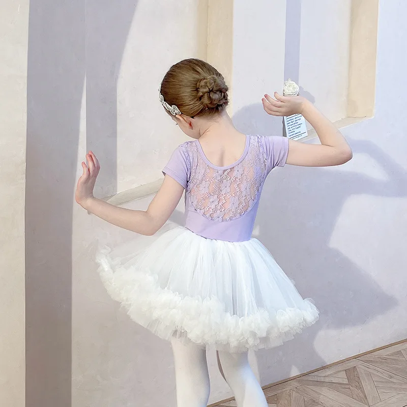 Robe de ballet pour filles, jupe d'entraînement pour enfants, costume justaucorps pour enfants, vêtements de danse classique AqTutu, manches courtes, été