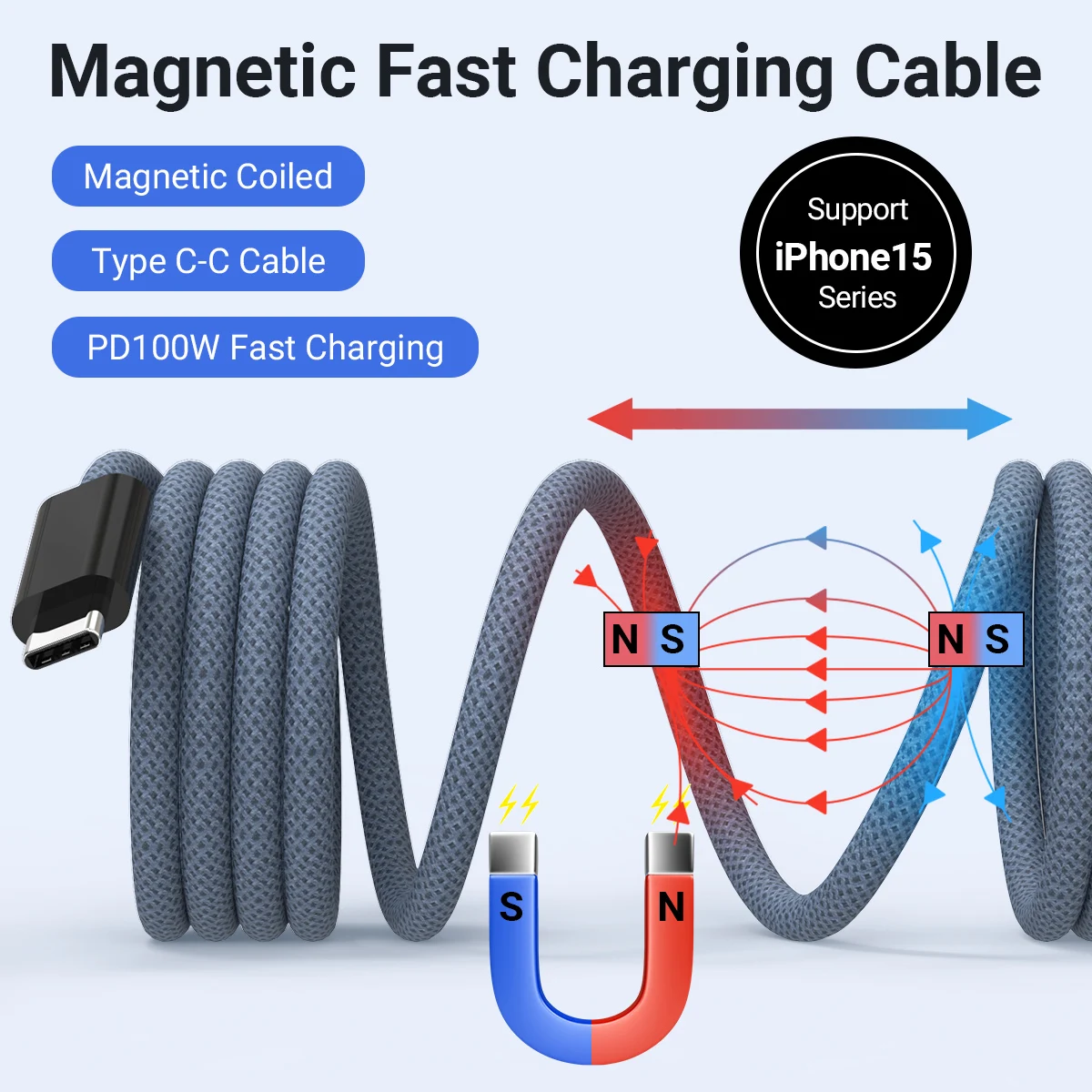 USB C Charger Cable PD 100W Magnetic Coiled Cable Type C Fast Charging Cord 3.3FT Nylon Braided for iPhone15 ipad Mac Pro/Air