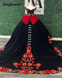Luxury Applique Red Ball Gown Quinceanera Dresses 2024 Bow Ruffle Mexican Sweet 16 Dresses Vestidos De 15 Años Lace Up Customize