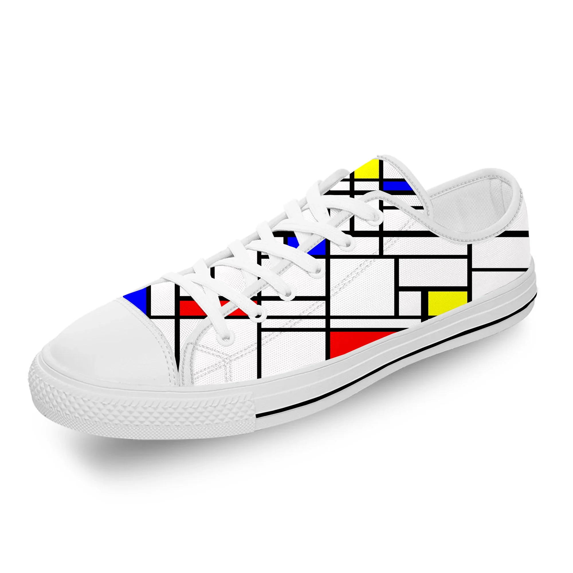 Mondrian-zapatos bajos de lona con estampado 3D para hombre y mujer, zapatillas deportivas ligeras y transpirables de tela blanca estética artística abstracta