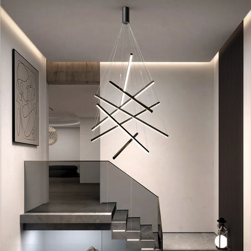 Modern Black Stair Chandelier Living Room Attic Hanging Lamp Nordic Black Long Line LED Pendant Lamp Indoor Lighting Fixture