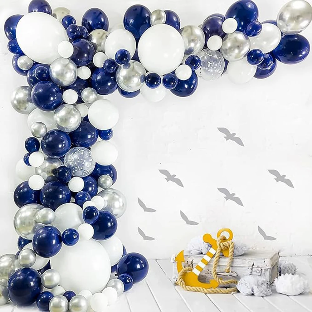 Kit d\'arche de guirxiété de ballons en latex avec confettis, bleu marine, blanc et argent, mariage de remise des diplômes, fête d\'anniversaire pour