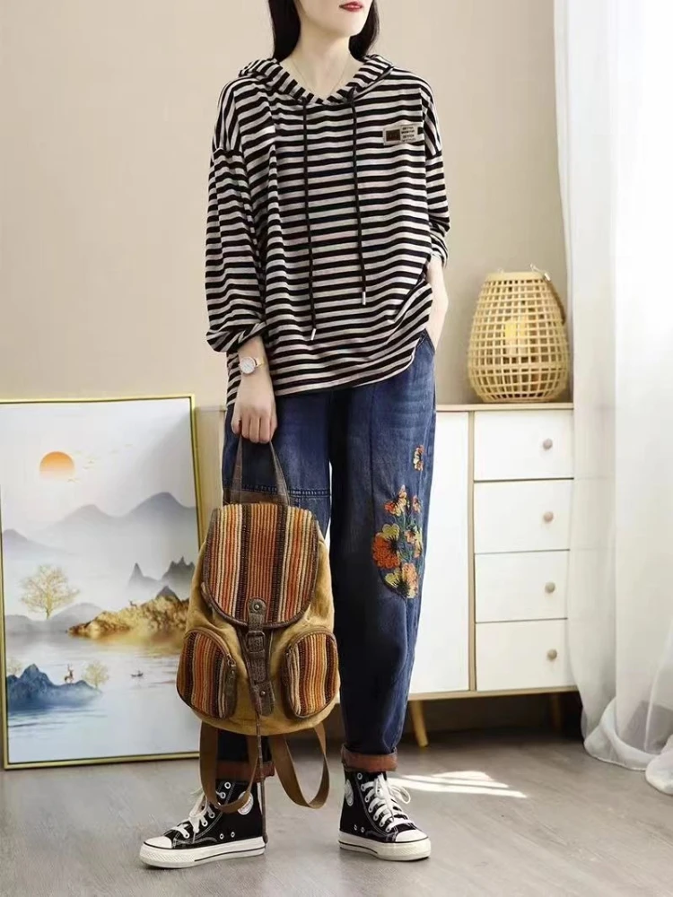Women Oversized Stripe Hooded Sweatshirt 2026 Spring Pure Cotton Base Layer Top