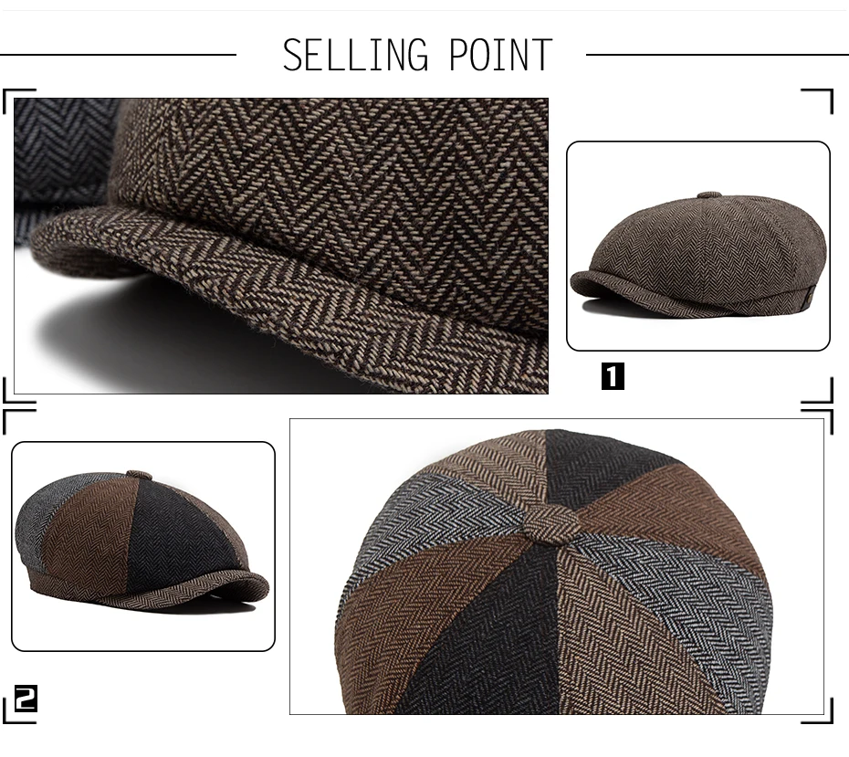 Herringbone Newsboy Caps Männer Herbst Winter Vintage Berets Casual Flache Hüte Mode Retro Mann Kappe Für 55-59 cm kopfum Ference – Detail 2