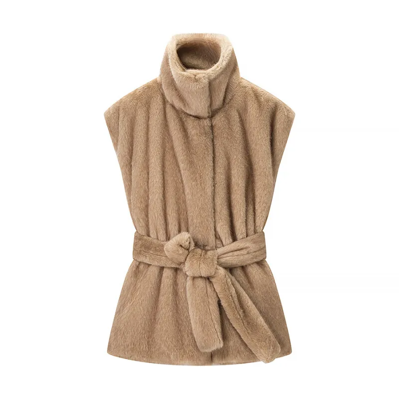 

Luxury Soft Faux Mink Fur Vest Women's High Neck Sleeveless Waist Belted Sleeveless Jacket Soft Warm To