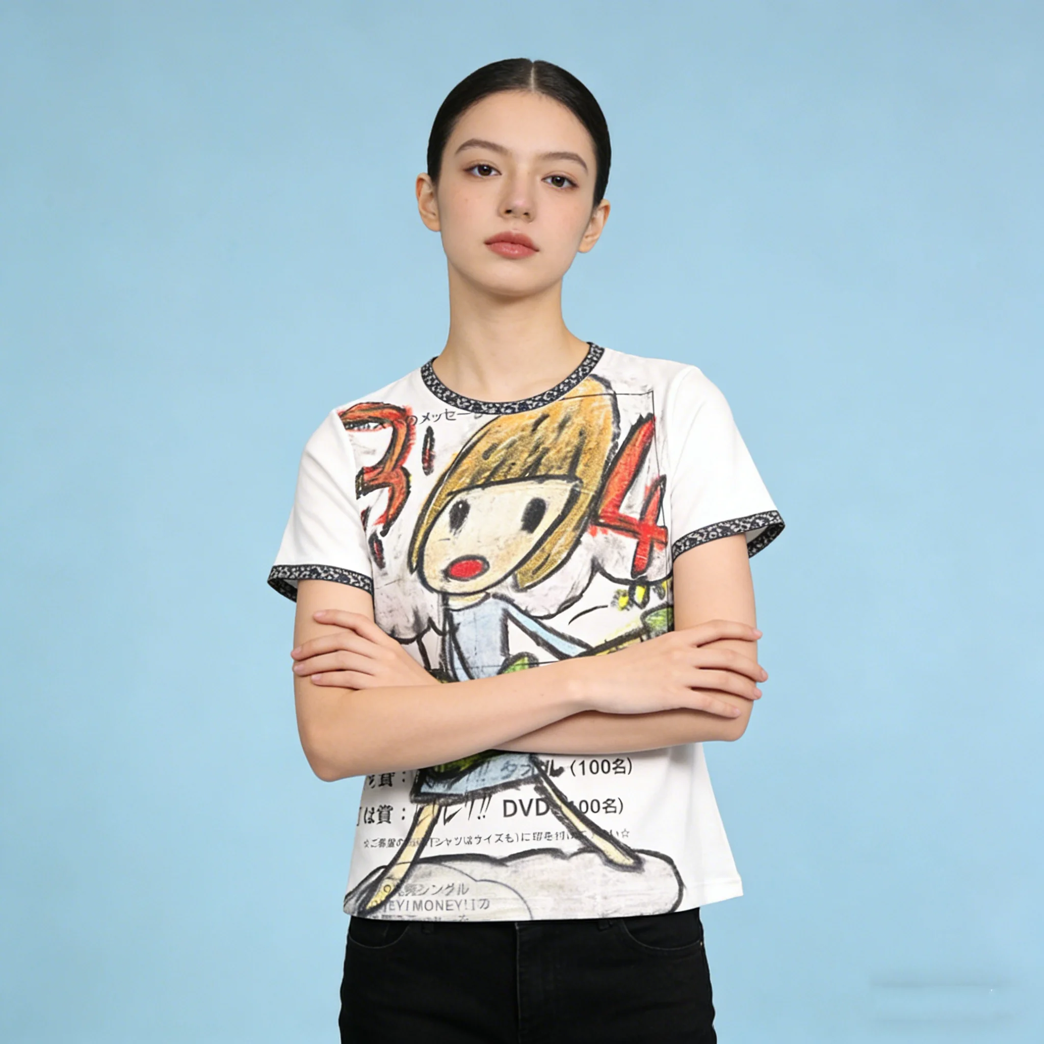 Europa und Amerika Damen T-Shirt Y2K Neue 3D-Animation Anime Kurzarm Rundhals kurzes Top