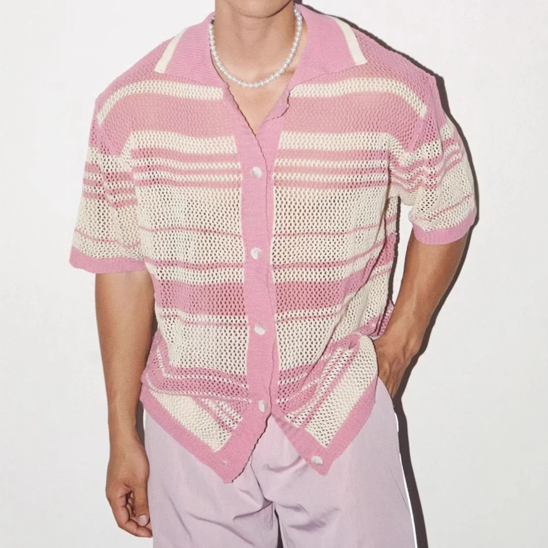 

Retro Casual Loose Short-sleeved Knitted Shirt Men's Summer Trendy Brand Hollow Niche Lazy Striped Shirt