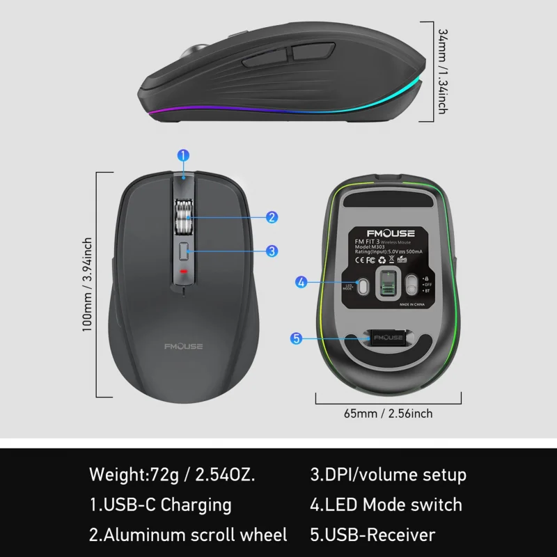 Dual-Mode Wireless Mouse 2.4G+Bt5.1 Ergonomic Design 4-Gear Adjustable Dpi Built-In Rechargeable Battery Computer Gaming Mouse