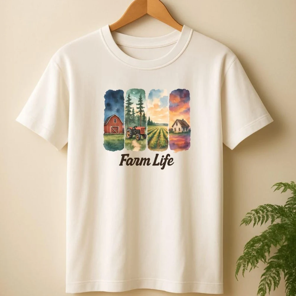 

Футболка с фермерской жизнью, рубашка с сельским пейзажем, сарай и поле, женская одежда в стиле фермерского дома, подарок, мужские топы для любителей природы