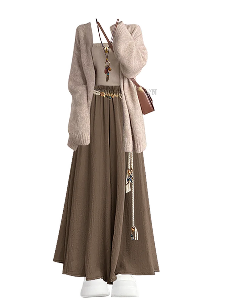 Début de l'automne taille haute décontractée femmes t-pièce ensemble Vintage âge-défense élégance ouvert Cardigan taille haute jupe Midi