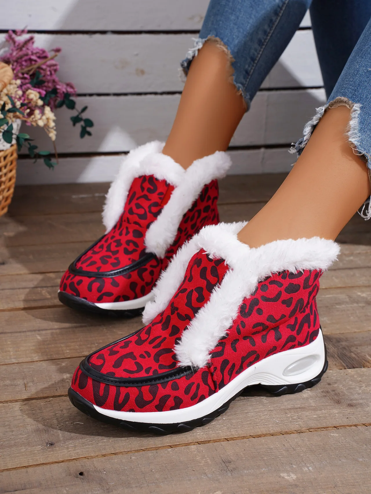 

Ankle Boots Wome Leopard Fuzzy Detail Lined Warmn Winter Snow Boots New Plush Winter Boots Ladies Flats Heel Suede Cotton Shoes