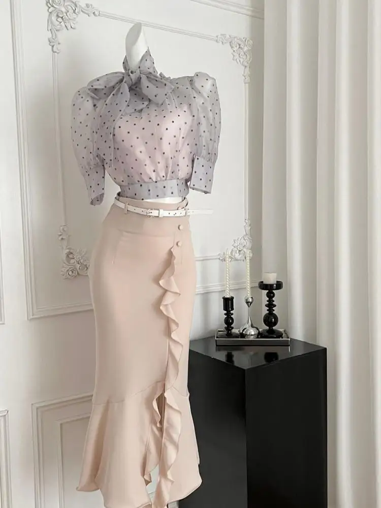 

Летний винтажный элегантный комплект из двух предметов, женские серые топы с бантом и короткими рукавами + бежевые длинные юбки с высокой талией и нерегулярными оборками