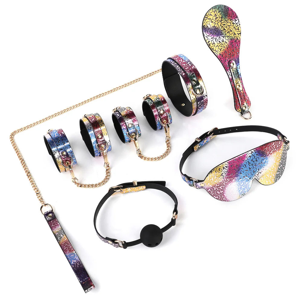 

SM Fun Pattern Leather Set 18+Adult Supplies, including collars, handcuffs, ankle cuffs, eye masks, mouth balls, and rackets