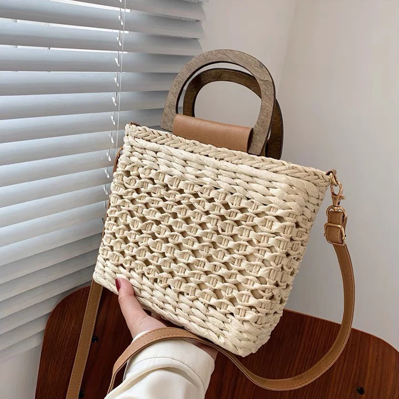 Fashion Hollow Straw Shoulder Bags Wooden Handle Women Handbags Paper Woven Summer Beach Crossbody Bag Handmade Small Tote Purse