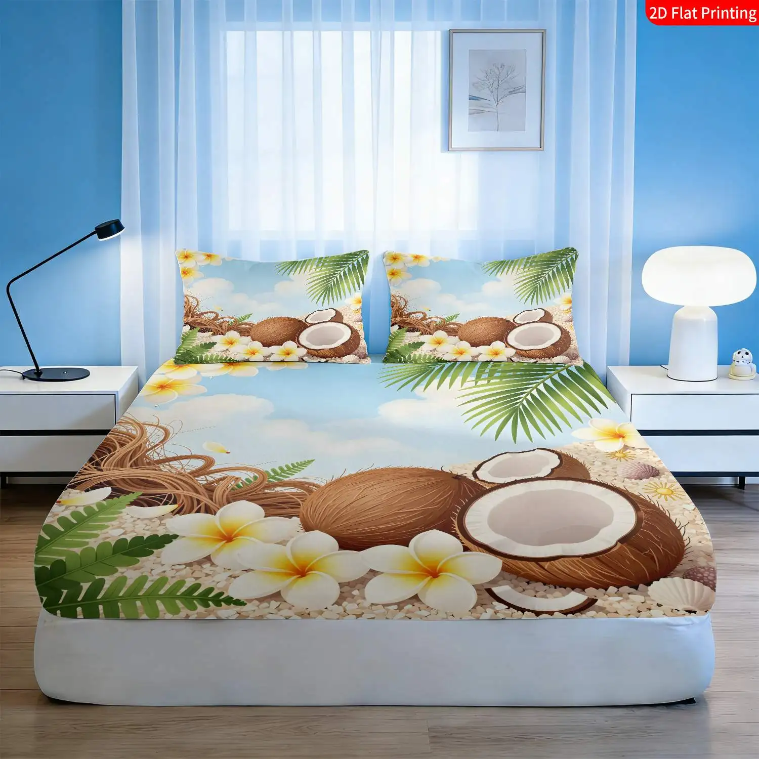 2D Digital Print Three-Piece Fitted Sheet Set, Three-Piece Bedding Set (Includes 1 Fitted Sheet + 2 Pillowcases), 3-Piece Set, Large Deep Pocket 2D Printed Fitted Sheet and 2 Pillowcases, Mattress Protector, Fitted Sheet Style with Elastic Band, Protective Cover, Mattress Protector, Tropical Style, Coconut Tree and Plumeria Theme, Palm Leaf and Floral Pattern, Summer Beach Vacation Home Decor, Breathable Protective Cover with Pillowcase
