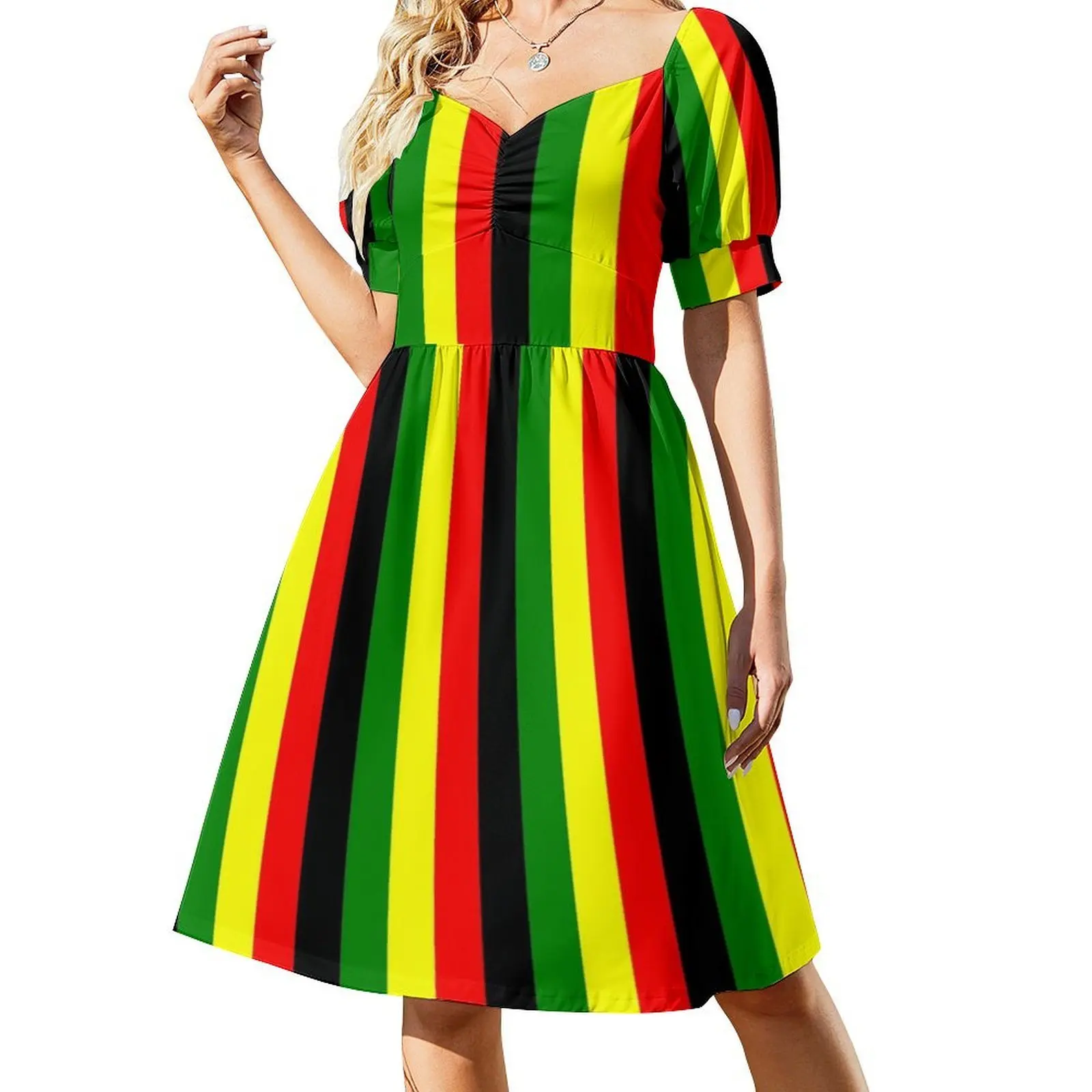 فستان قصير بألوان الراستا أحمر أخضر ذهبي ألوان زاهية مخطط على طراز بريبي للنساء على شكل حرف a فضفاض مناسب فستان يوم غير رسمي الراستا #2