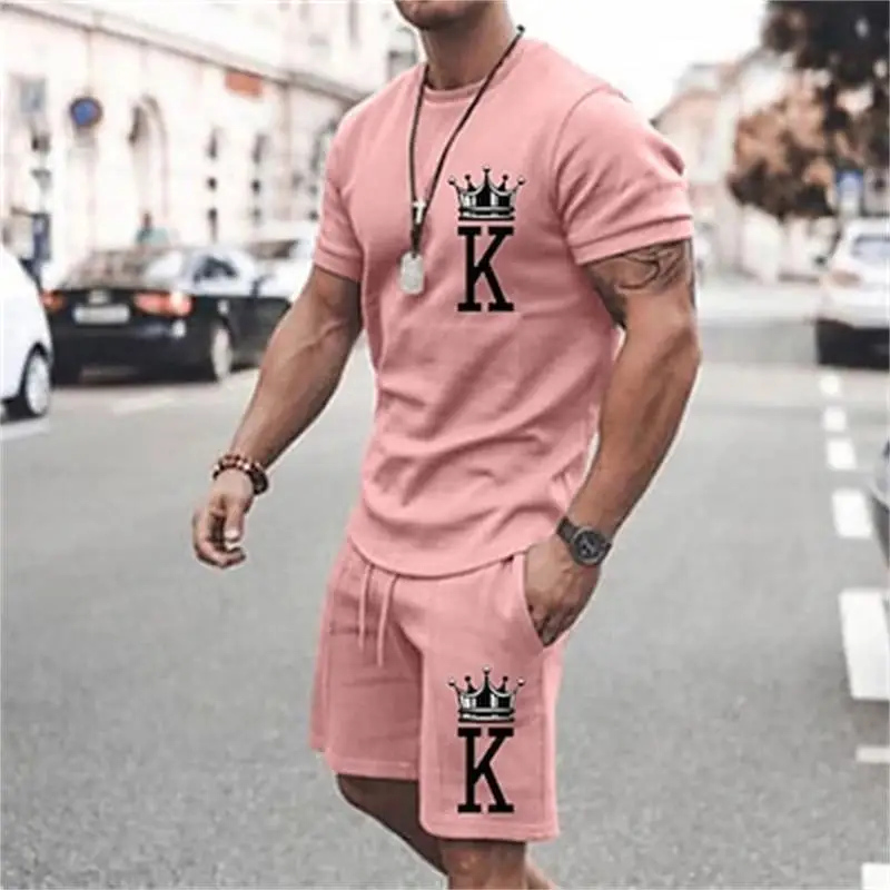 2024 men\'s casual fashion printed T-shirt+beach shorts set men\'s O-neck T-shirt 2-piece set