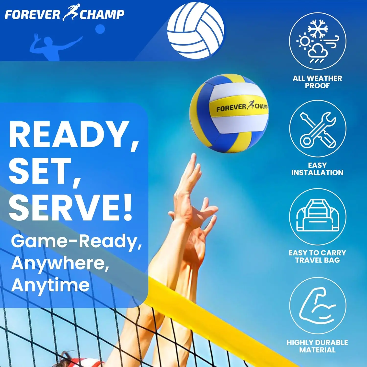 Portable Volleyball Net Set with Regulation Size Net, PU Ball, Carrying Bag, Poles & Pump for Backyard and Beach