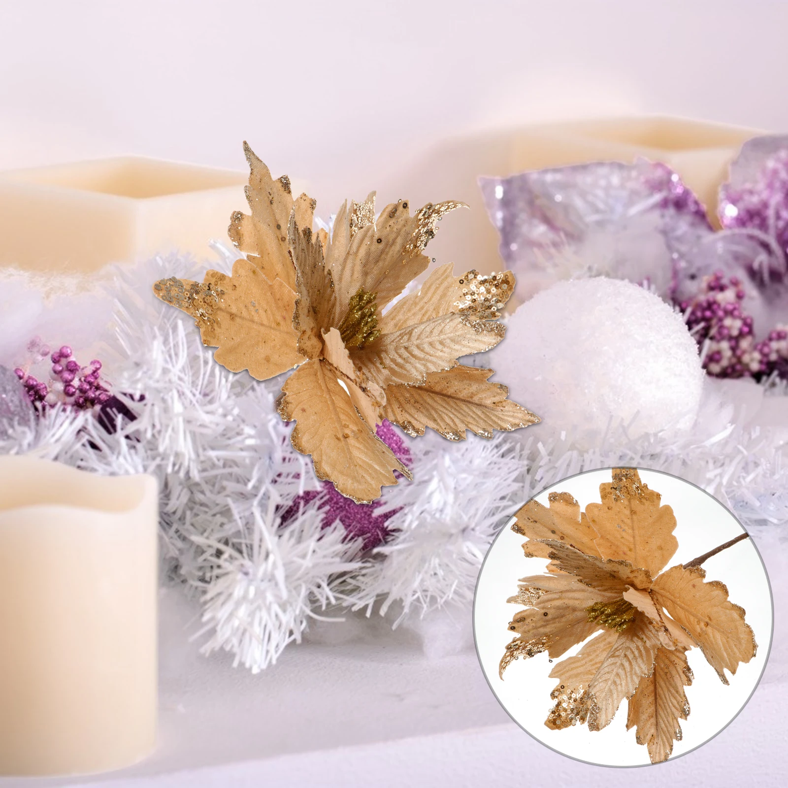 

Artificial Christmas Flower Gold Silver Poinsettia Decoration High Simulation Bright Color Xmas Party DIY Decor Fake Plants