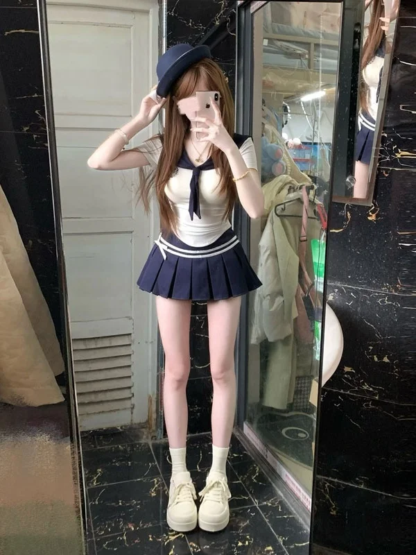 

Preppy Style Navy Collar Blouse And Pleated Skirt Set Korean Unique Two-Piece Suit for Women Comfortable Cotton Blend