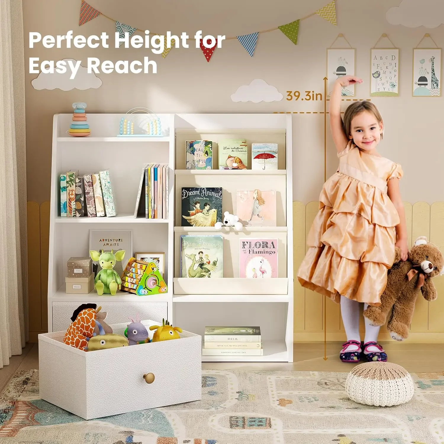 Bookshelf and Toy Storage, Baby Wooden Bookcase with Drawers, Children Book Shelf for Kids Room, Nursery Storage Book Rack for P