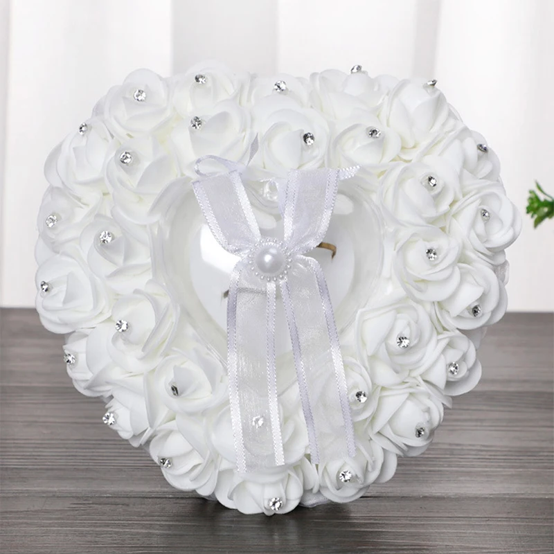 Wedding Ring Pillow Rhinestones Flowers Heart Ring Box Holder Ring Bearer Pillow Cushion for Wedding Ceremony Party