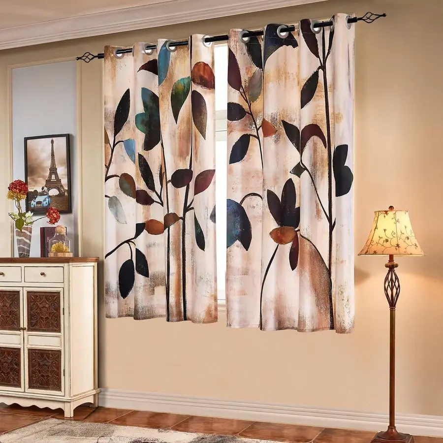 ผ้าม่านกรองแสง 52 กว้าง x 63 ยาว นิ้ว, ผ้าม่านลายดอกไม้สีสันสดใสสำหรับห้อง, ผ้าม่านกันแสง 50%, ผ้าม่านโปร่งแสงสไตล์โบโฮสำหรับห้องนั่งเล่น