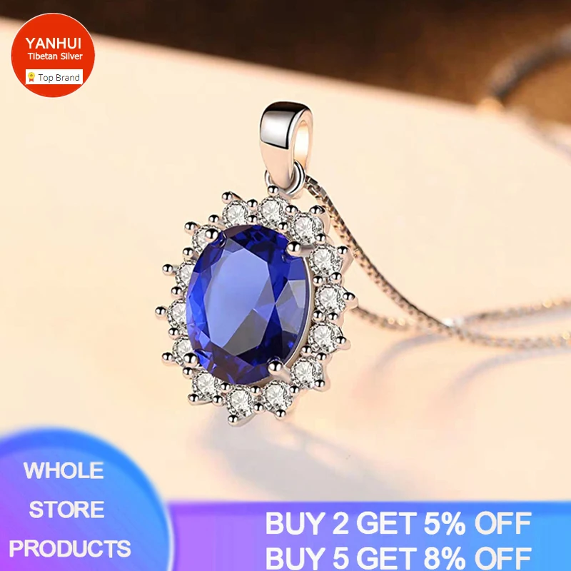 YANHUI Luxury Simulated Sapphire Pendant Necklace Women Original Real Tibetan Silver Necklace Woman Fashion Wedding Jewelry Gift