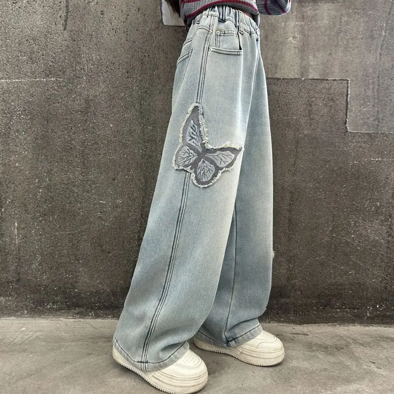 

Girl's Autumn Winter Thickened Straight Leg Wide-Leg Jeans with Butterfly Print, Spring Autumn Casual Stylish Pants for Kids