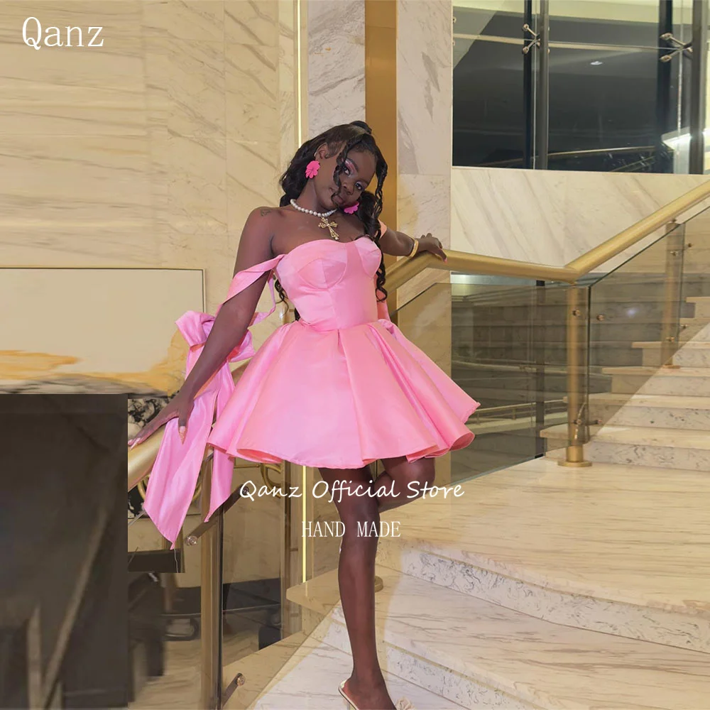 

Qanz Pink Princess Short Prom Dresses Bow Straps Satin Mini A Line Puffy Vestidos De Graduación Birthday Party Gowns Customized