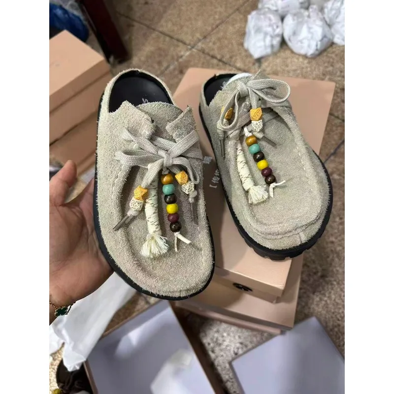 

Ladies' wooden clogs, denim suede leather slippers, summer sandals, flat low-heeled comfortable lace-up soft leather shoes