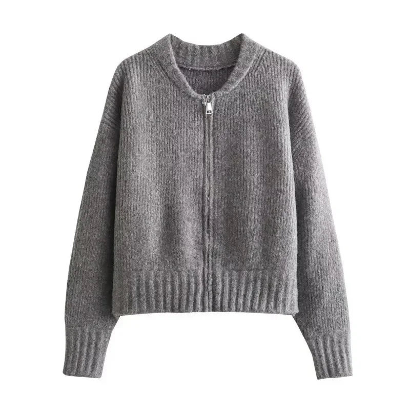 

Women's Autumn New Style Retro Versatile Zipper Knitted Open Cardigan Pilot Jacket Sweater Outerwear Crew Neck Other Patterns