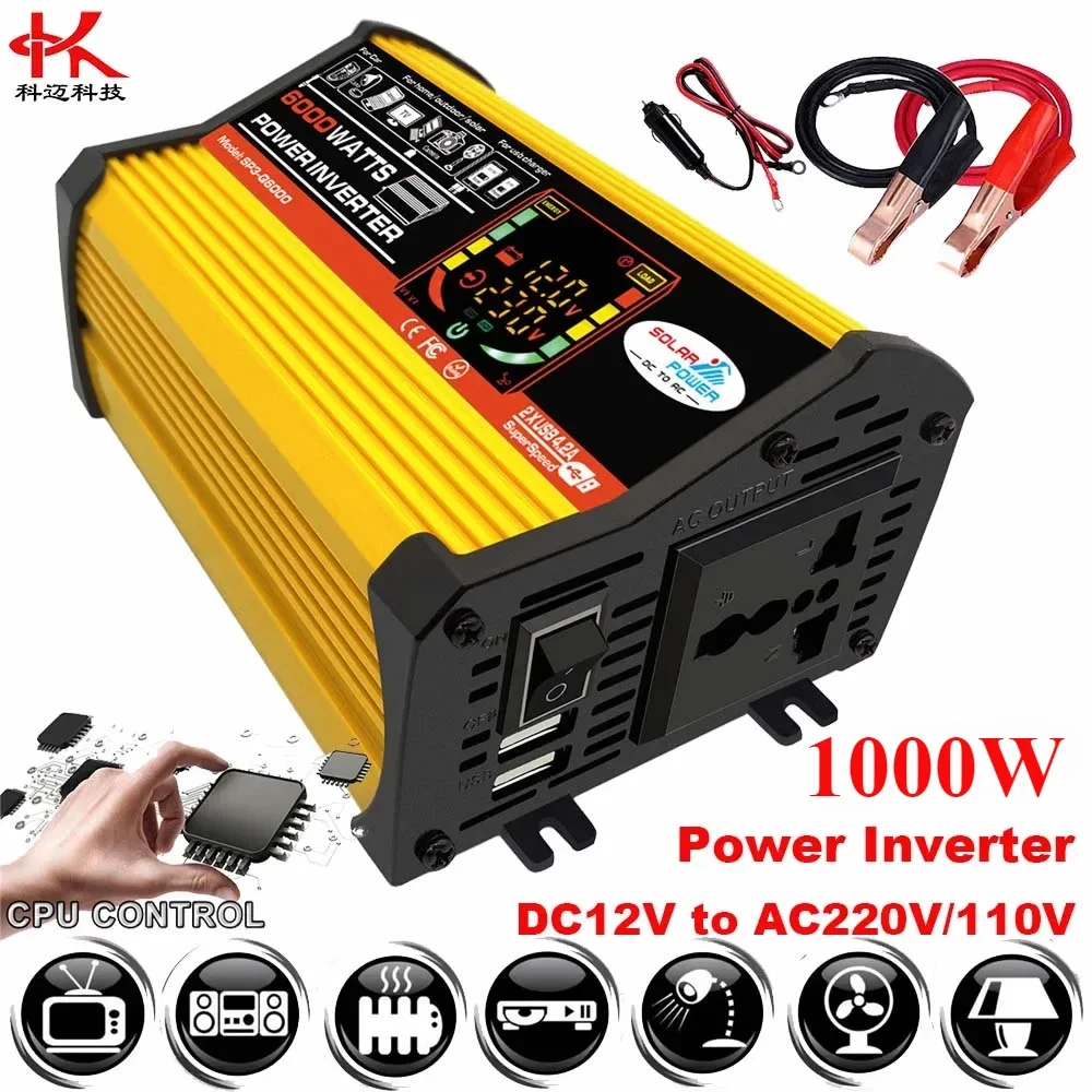 

Power Inverter 12v to 220v 110v Peak 1000W Sine Wave Converter with Voltage Diaplay Car USB Charge Solar Transformer 12 Volts