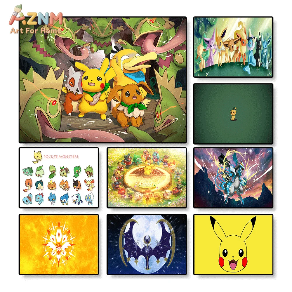 AZNM Pokemon Mystery Dungeon Team Pikachu Eevee Psyduck vs Rayquaza, impresión artística sin marco, pintura en lienzo, decoración de pared para B