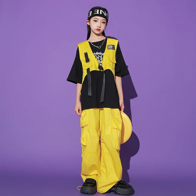Hip Hop Outfits Boys Cool Tshirt Yellow Vest Cargo Pants Girls Jazz Street Dance Clothes Sets Child Streetwear Kids Costumes