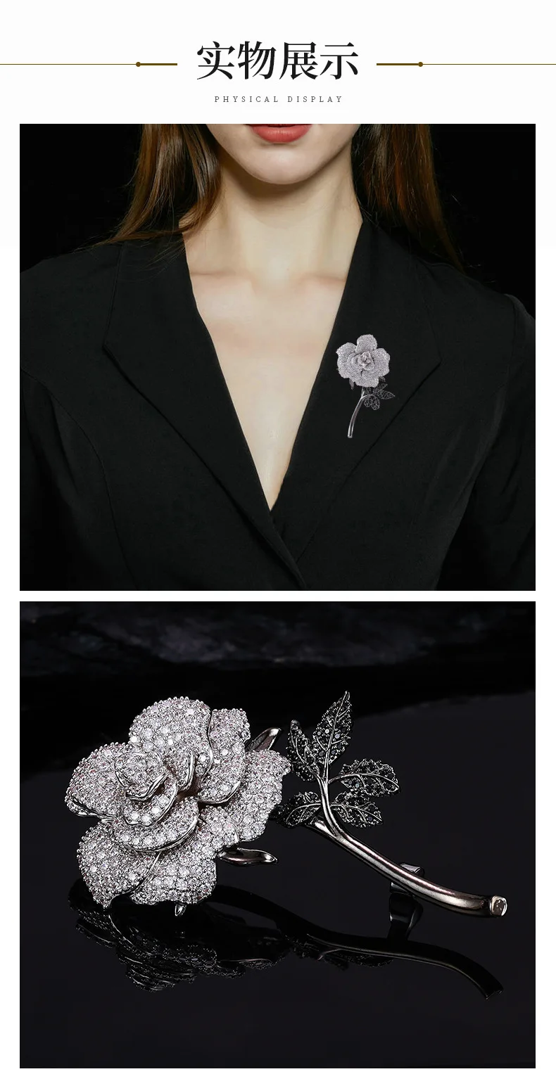 Retro Elegant Clear Zircon Rose Brooch Pin Fashion Female Flower Broach Women Dress Jewelry Accessories  LYM370