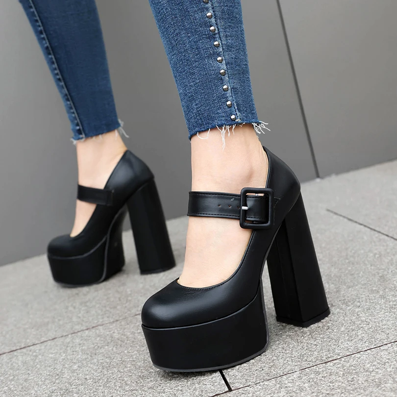 Super High Thick Heel Waterproof Platform Shallow Square Buckle Women\'s High Heels Party Wearing Orange Women\'s Pumps