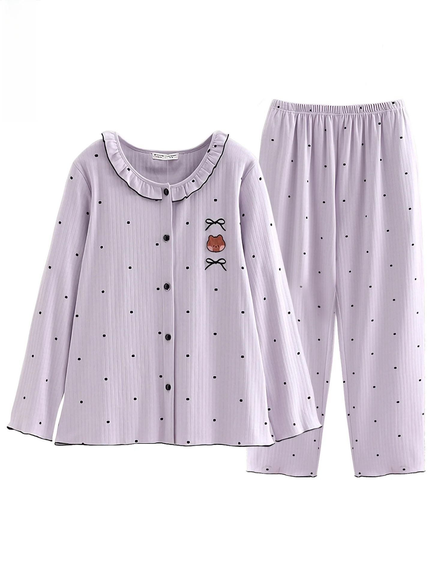 fenteng-sweet-sle-knitted-cotton-long-sve-round-ne-cardigan-home-clothes-set-polka-dot-print-spring-autumn-ladies-pyjamas