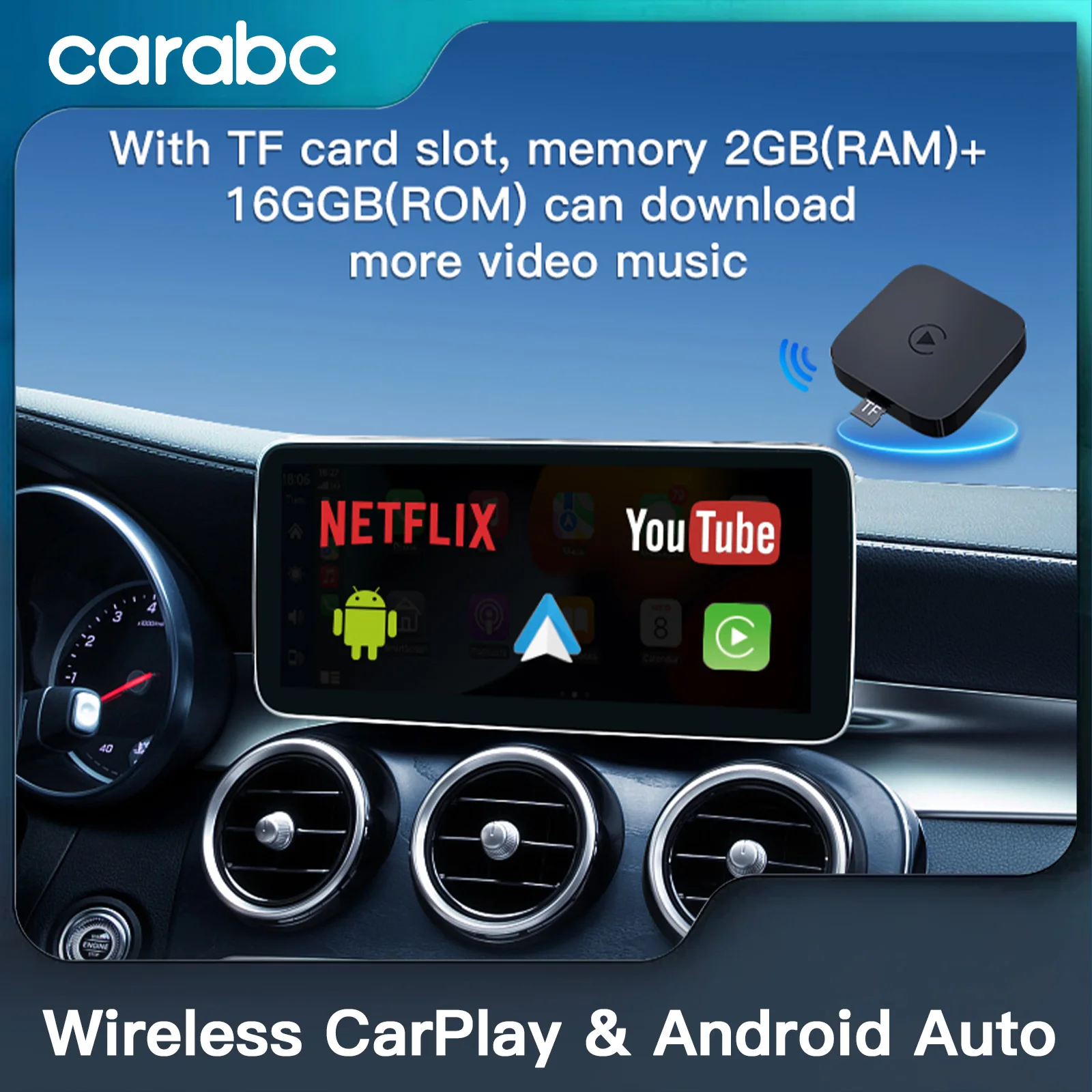 Adaptador sem fio Auto AI Box, Apple CarPlay, Android 12, Smart Youtube, Netflix, TV, Reprodução de carro, todos os OEM, com fio, 2GB, 16GB