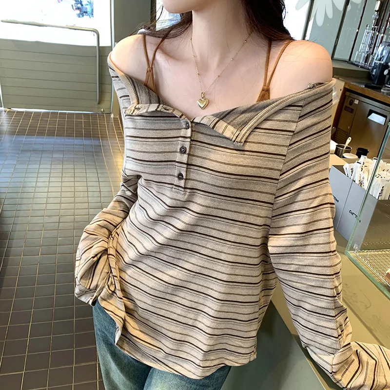 Female Patchwork Striped T-shirts Slash Neck Off Shoulder Long Sleeved Tops Autumn Fashion Vintage Casual Loose Versatile Tops