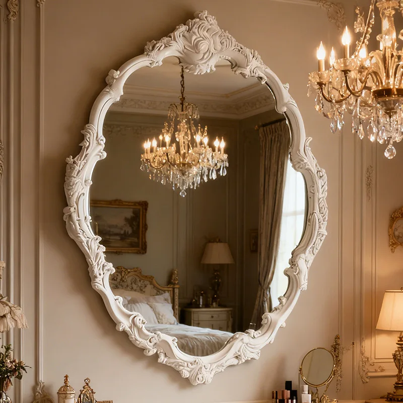 Retro carved wall mirror bathroom mirror light luxury court style special-shaped decorative mirror bathroom dressing makeup