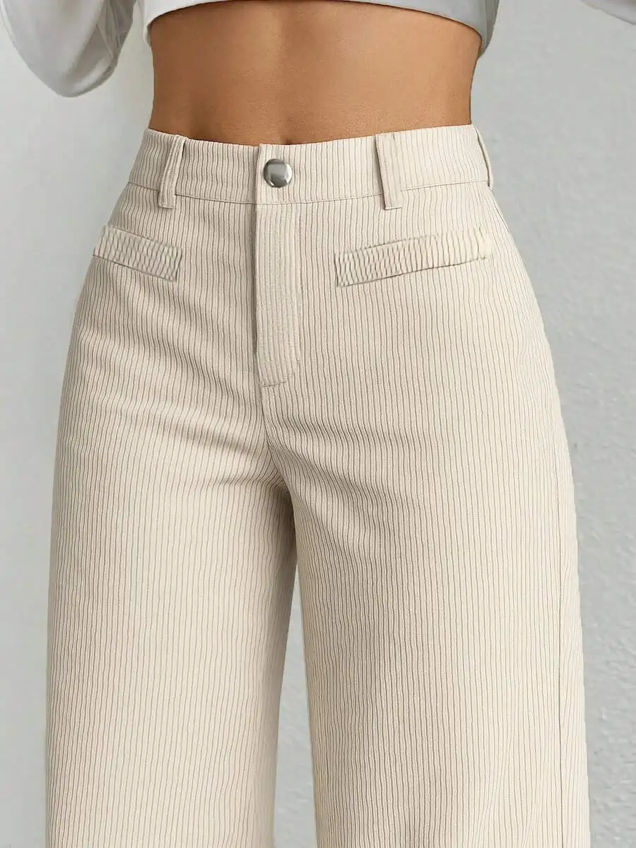 

Женские широкие брюки с высокой талией, ребристой текстурой и застежкой на пуговицах