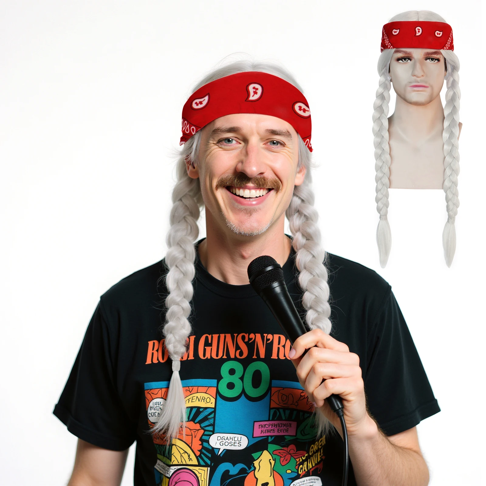 Synthetic Long Silver Gray Braided Wig [Red Headscarf] Denim Country Rock Wig, For Halloween and Christmas Party